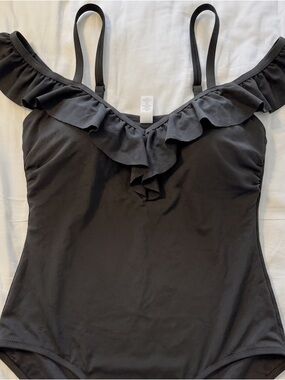 Lands' End Black Ruffle-Trim One-Piece Swimsuit